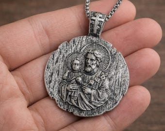 Collier médaille Saint Joseph, pendentif religieux catholique, bijoux chrétiens vintage en argent, cadeau breloque saint patron