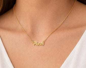 18K Gold Zodiac Astrology Necklace, Horoscope Celestial Word Jewelry, Summer Jewelry, Taurus Gemini Cancer Name Necklaces, Gift For Her