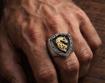 Medieval Horse Crest Ring, Knight Shield Signet Ring for Men, Stainless Steel Gold Horse Ring, Gothic Warrior Jewelry, Norse Celtic Style