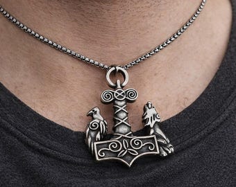 Viking Thor’s Hammer Necklace with Ravens, Mjolnir Pendant, Norse Pagan Jewelry, Stainless Steel Nordic Amulet, Odin Ravens Huginn Muninn