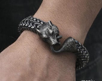 Wolf Head Bracelet, Viking Wolf Bracelet, Gothic Animal Jewelry, Handmade Oxidized Silver Wolf Bangle, Norse Warrior Jewelry, Gift for Him