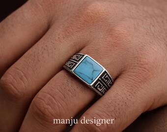 Turquoise Ring Signet Style, Boho Statement Ring, Vintage Silver Ring, Southwestern Jewelry, Gift for Him Her