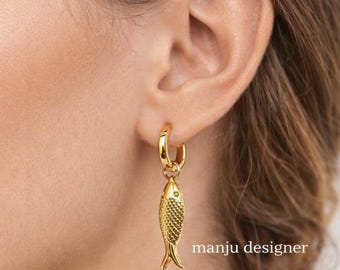 Gold Chinese Lucky Koi Fish Earrings , Huggie Hoop Gift for Her