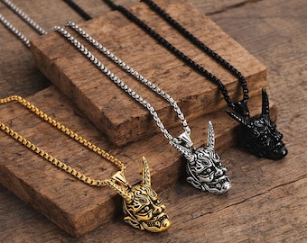 Oni Demon Mask Necklace, Japanese Devil Pendant, Samurai Gothic Jewelry, Mens Punk Chain Necklace, Anime Inspired Gift