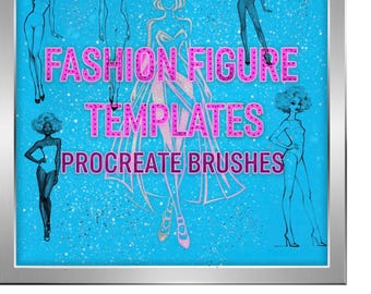 Könnte beinhalten: Gerahmtes Bild mit türkisblauem Hintergrund und dem Text "FASHION FIGURE TEMPLATES PROCREATE BRUSHES" in Pink. Das Bild zeigt mehrere Modefigurenskizzen in Schwarzweiß, mit einer zentralen Figur in einem rosa Kleid.