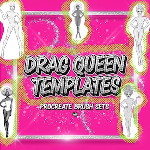以下が含まれることがあります： 鮮やかなピンク色のグラフィックで、「DRAG QUEEN TEMPLATES」の文字がキラキラ光るシルバーのフォントで表示されています。画像には、ドラァグクイーンの人物のグレースケールイラストと「PROCREATE BRUSH SETS」の文字が含まれています。
