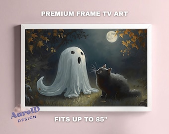Marco de TV vintage de Halloween, cuadro de fantasma y gato (descarga digital)