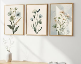Juego de 3 impresiones botánicas, arte de flores silvestres, arte mural bohemio, arte mural floral, descarga digital