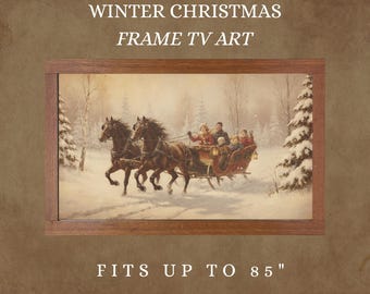 Arte invernal para Samsung Frame TV / Pintura navideña vintage de trineo con caballos / Descarga digital de bosque nevado