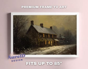 Pintura al óleo vintage de una casa de invierno: Marco navideño melancólico para TV (descarga digital)