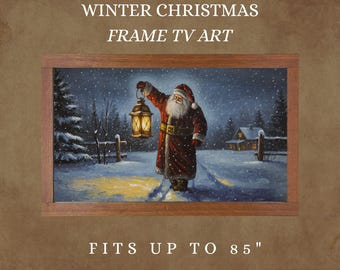 Arte de TV Samsung de invierno / Pintura vintage con linterna de Papá Noel / Descarga digital de una noche nevada