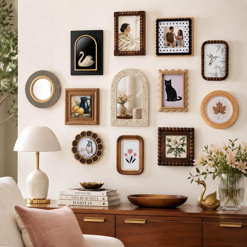 May include: A gallery wall arrangement featuring various wall frames in rectangular, arched, and circular shapes. The collection includes wooden, dark, and light-colored frames displaying art prints of a swan, cat, flowers, and a leaf, alongside a mirror.