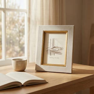 May include: An off-white rectangular picture frame with a gold inner border, displaying a sketch of a desk with a book. The frame is on a wooden table next to an open book and a small beige cup. The text "Soft things still matter" is visible.