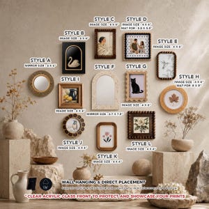 May include: A collection of twelve decorative picture frames and mirrors labeled Style A through L, featuring various shapes, textures, and finishes. Each item includes specific image size dimensions in inches, such as 4 x 6 inches, for wall hanging or desktop display.
