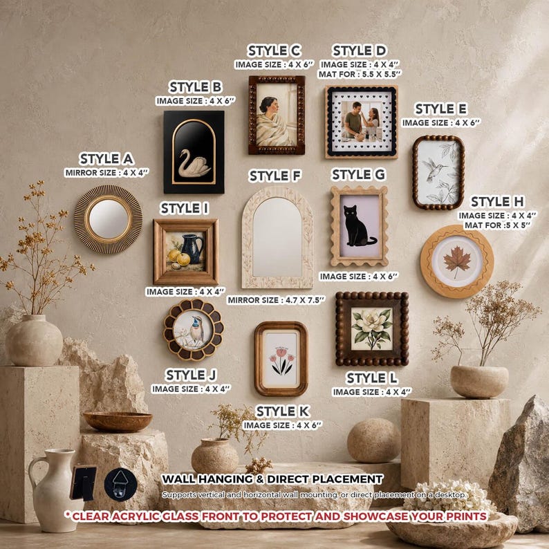May include: A collection of twelve decorative picture frames and mirrors labeled Style A through L, featuring various shapes, textures, and finishes. Each item includes specific image size dimensions in inches, such as 4 x 6 inches, for wall hanging or desktop display.