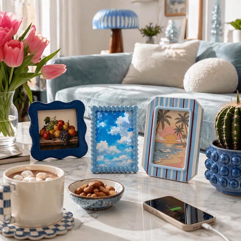 Peut inclure: Trois petits cadres bleus avec des &oelig;uvres d'art de fruits, de nuages et d'une sc&egrave;ne de plage. Une tasse de chocolat chaud, un bol de noix et un t&eacute;l&eacute;phone en charge sont sur une table en marbre. Un vase de tulipes roses et un cactus en pot bleu sont &eacute;galement pr&eacute;sents.