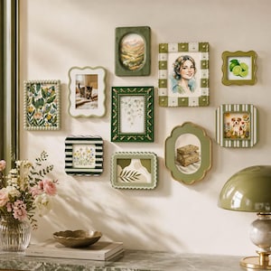 May include: A collection of decorative picture frames in various shapes and sizes, mounted on a wall. The frames feature different images, including landscapes, portraits, and botanical prints. The frames are in shades of green and white, creating a cohesive aesthetic.