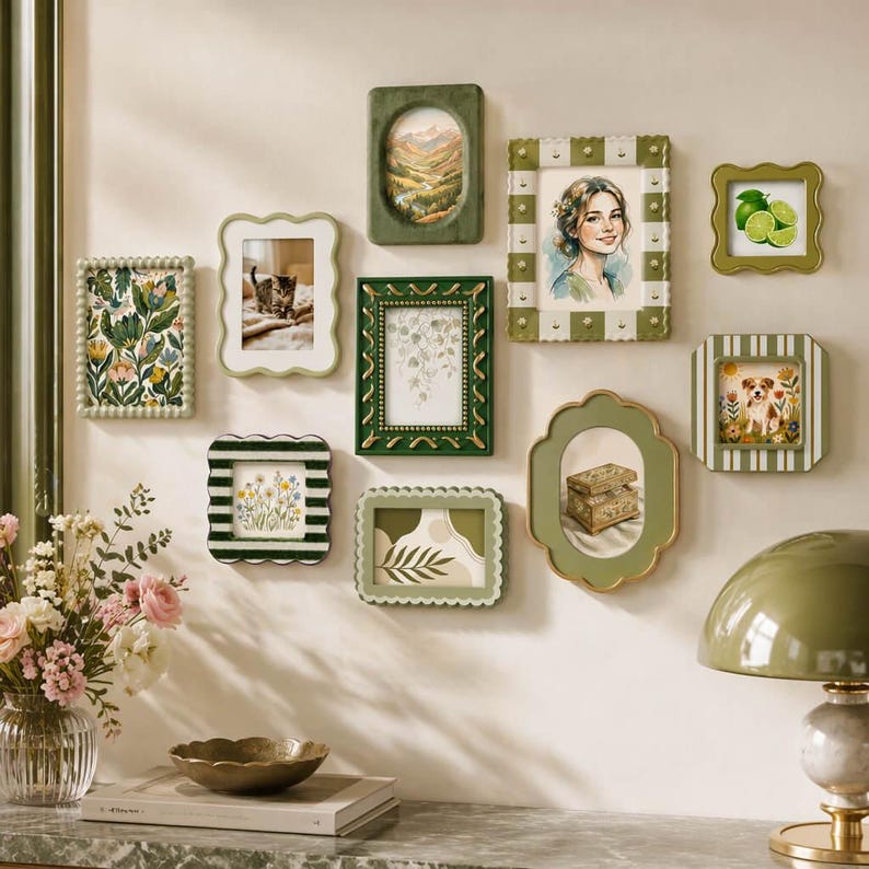 May include: A collection of decorative picture frames in various shapes and sizes, mounted on a wall. The frames feature different images, including landscapes, portraits, and botanical prints. The frames are in shades of green and white, creating a cohesive aesthetic.