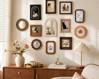 Conjunto de marcos de pared estilo galería vintage, marcos de fotos y espejos en tonos neutros, decoración de pared decorativa de 4x4, 4x6 y 5x5.
