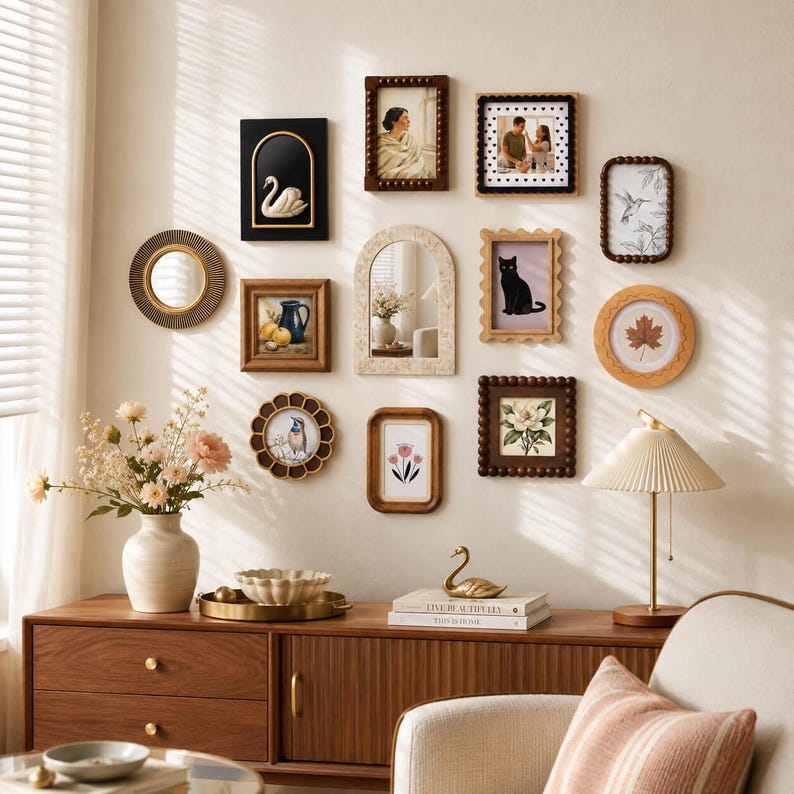 May include: A gallery wall arrangement featuring various rectangular, arched, and circular frames in wood, gold, and dark tones. The collection includes art prints of a swan, a cat, flowers, and a leaf, alongside mirrors and personal photographs.