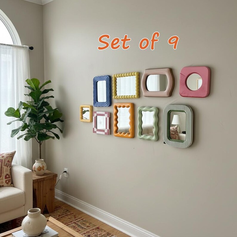 Colorful Wavy Mirror Set, Funky Irregular Wall Mirrors, Playful Accent Decor for Bedroom Entryway SET OF 9PCS