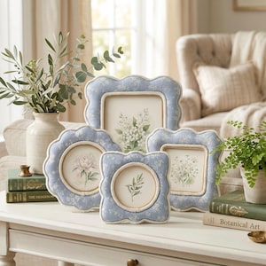 Blue Floral Scalloped Photo Frame, Mother’s Day Gift for Mom, Vintage Fabric Picture Frame, Cottagecore Gift for Her, Floral Desk Frame