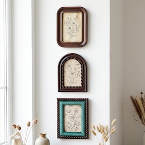 Può includere: Tre opere d'arte floreali incorniciate sono appese a una parete bianca. Le cornici sono marrone scuro, una rettangolare, una ad arco e una foderata in velluto turchese. Ogni cornice contiene uno schizzo di fiori su sfondo beige.
