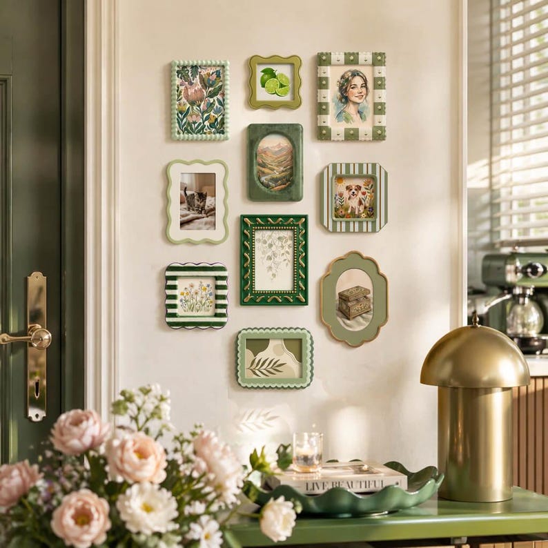 May include: A collection of decorative picture frames in various shapes and sizes, arranged on a wall. The frames are primarily green and white, with floral and landscape imagery. Some frames feature portraits and pet photos. The overall aesthetic is vintage and elegant.