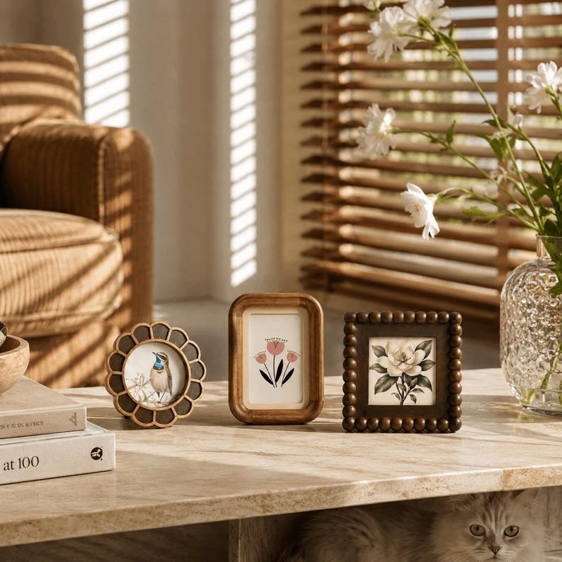 May include: Three small picture frames arranged on a table. One is a round scalloped frame with a bird illustration, one is a rectangular wooden frame with a pink flower drawing, and one is a square beaded frame with a white flower print.