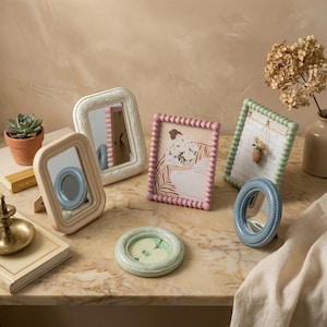 Puede incluir: Una colección de marcos de fotos y espejos decorativos en varias formas y colores. Incluye un marco rosa claro con borde de cuentas, un marco blanco con diseño floral y un espejo ovalado azul claro.