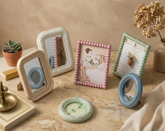 Decorative Vintage Mirror & Photo Frame, Pastel Beaded Frame, Romantic Vanity Decor, Boho Gallery Wall Accent
