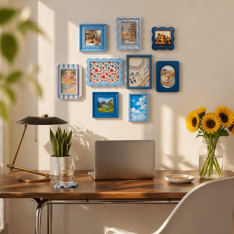 Peut inclure: Une collection de neuf cadres photo bleus de diff&eacute;rentes nuances, accroch&eacute;s sur un mur beige. Les cadres contiennent diverses images, notamment des paysages, des natures mortes et des motifs abstraits. Les cadres sont de formes et de tailles vari&eacute;es.