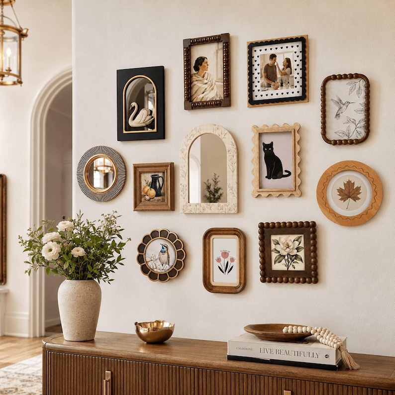 May include: A gallery wall arrangement featuring various picture frames in black, wood, and white finishes, including arched, circular, and rectangular shapes. The frames contain art prints of a swan, cat, bird, flowers, and a leaf, alongside a mirror.