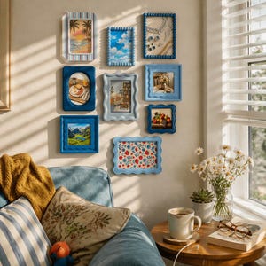 Peut inclure: Une collection de cadres bleus contenant des &oelig;uvres d'art vari&eacute;es, notamment des paysages, des natures mortes et des motifs abstraits. Les cadres sont accroch&eacute;s sur un mur neutre, cr&eacute;ant un effet galerie. Les cadres varient en forme et en taille.