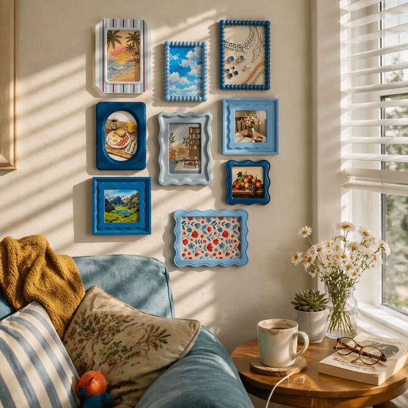Peut inclure: Une collection de cadres bleus contenant des &oelig;uvres d'art vari&eacute;es, notamment des paysages, des natures mortes et des motifs abstraits. Les cadres sont accroch&eacute;s sur un mur neutre, cr&eacute;ant un effet galerie. Les cadres varient en forme et en taille.