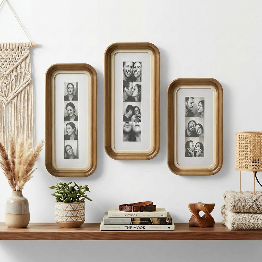Rounded Wooden Photo Booth Frame, Warm Wood Photo Strip Frame, Vertical Frame for Wedding Photos, 2x6 2x8 Keepsake Frame - Set of 3