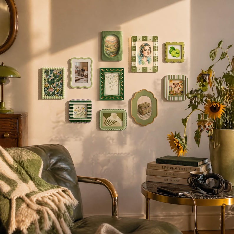 May include: A collection of green decorative picture frames of various shapes and sizes, mounted on a light pink wall. The frames contain images of landscapes, portraits, and botanical designs. A green and white patterned blanket is draped over a leather chair.
