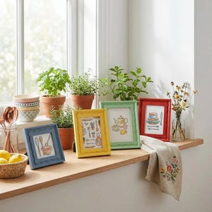 Op de afbeelding: Een verzameling kleurrijke fotolijsten met geschulpte randen, elk met illustraties met keukenthema. De lijsten zijn gerangschikt op een houten plank met kruiden in potten, een mand met citroenen en een bloemen geborduurde theedoek. De lijsten zijn blauw, geel, groen en rood.