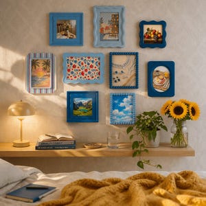Peut inclure: Plusieurs cadres bleus affichent diverses images, dont un coucher de soleil, un paysage de montagne et des natures mortes. Les cadres sont dispos&eacute;s sur un mur neutre au-dessus d'une &eacute;tag&egrave;re en bois avec une lampe, des livres et des tournesols.