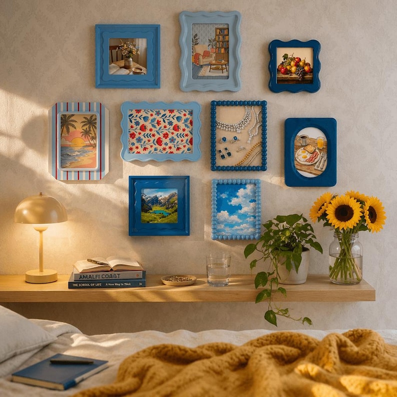 Peut inclure: Plusieurs cadres bleus affichent diverses images, dont un coucher de soleil, un paysage de montagne et des natures mortes. Les cadres sont dispos&eacute;s sur un mur neutre au-dessus d'une &eacute;tag&egrave;re en bois avec une lampe, des livres et des tournesols.