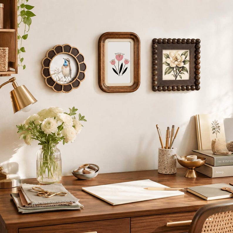 May include: Three wall-mounted picture frames featuring a round scalloped frame with a bird illustration, a rectangular wooden frame with a pink flower drawing, and a square beaded frame containing a botanical print of a white magnolia flower.
