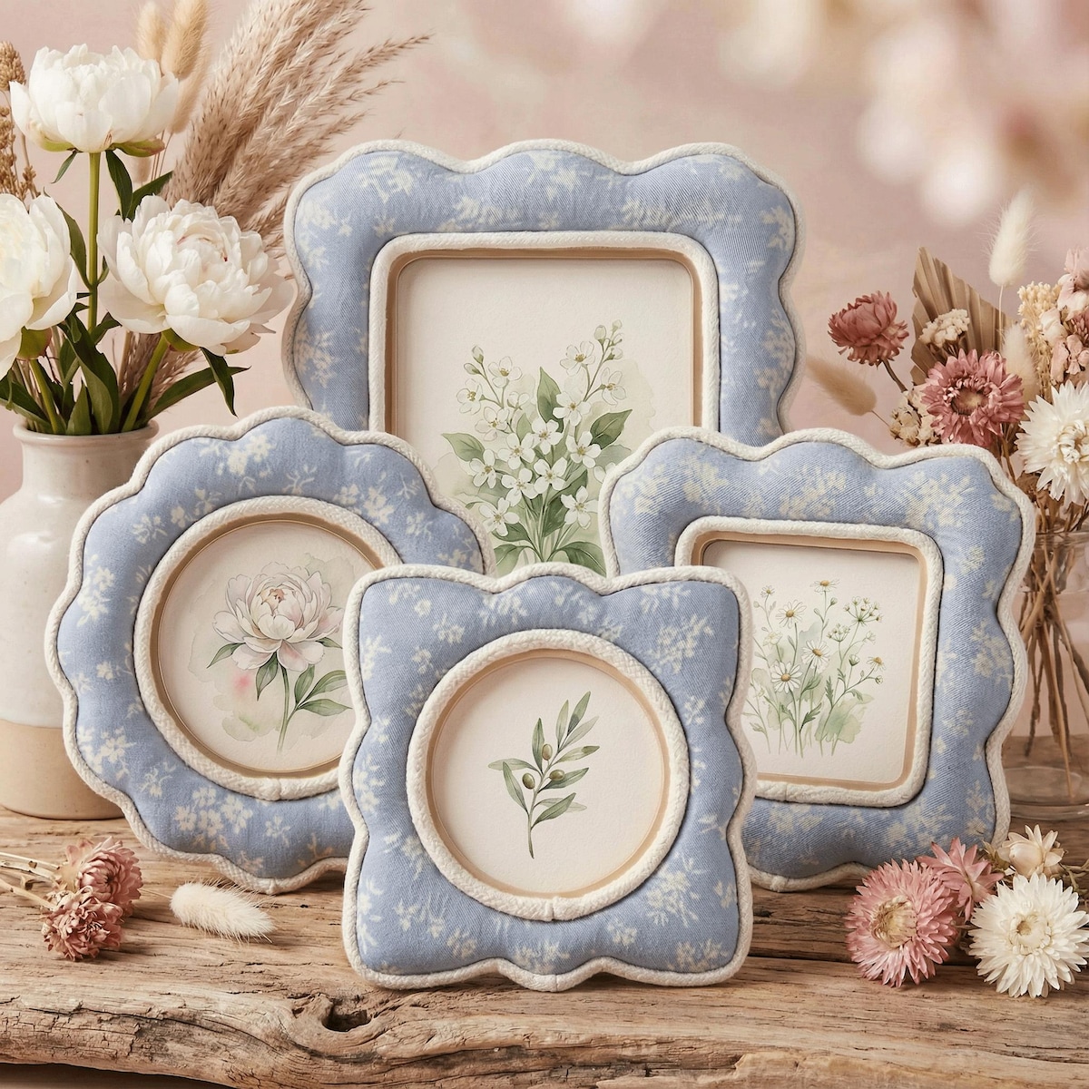 Blue Floral Scalloped Fabric Frame, Spring Floral Picture Frame, Thoughtful Gift for Mom & Everyday Home Decor