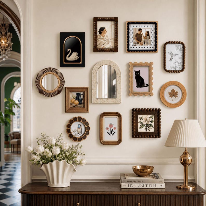 May include: A gallery wall arrangement featuring various rectangular, arched, and circular frames in wood, gold, and black finishes. The collection includes mirrors, botanical prints, a swan illustration, a black cat, and a portrait. A white vase with tulips, a brass bowl, and a lamp sit on a dark wood console table below.
