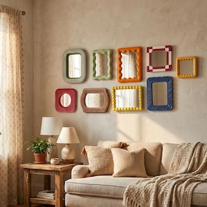 Colorful Wavy Mirror Wall Decor Set, Funky Irregular Mirrors, Playful Color Block Home Accent for Living Room & Entryway