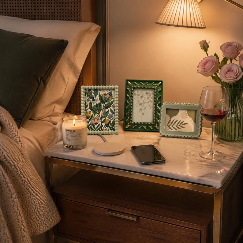 May include: A bedside table with a lit candle, three decorative picture frames, a wireless charger, and a smartphone. A glass of red wine and a vase of pink roses are also present. The frames are green and the candle has a label.