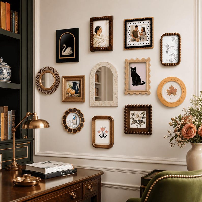 May include: A gallery wall arrangement featuring various picture frames in rectangular, arched, and circular shapes. The frames display diverse art including a swan, a cat, a floral print, a bird, and a mirror, mounted on a light-colored wall.