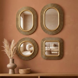 Decorative Wall Mirrors, Vintage Gold Ribbed Frame, Oval & Round Mirror Set, Gallery Wall Decor, Boho Modern Home
