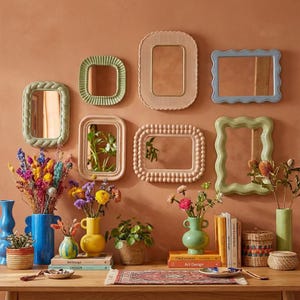 装飾壁掛けミラー7枚セット、波型フレームミラーセット、リビングルーム寝室廊下用モダンアクセントミラーギャラリー、パステル調の壁装飾