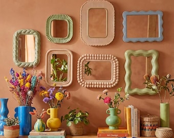 Set of 7 Decorative Wall Mirrors, Wavy Frame Mirror Set, Modern Accent Mirror Gallery for Living Room Bedroom Hallway, Pastel Wall Décor