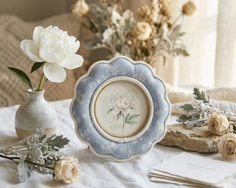 Blue Floral Scalloped Picture Frame – Fabric Photo Frame 4x6 5x7 8x10 – Cottagecore Vintage Frame Decor – Gift for Mom